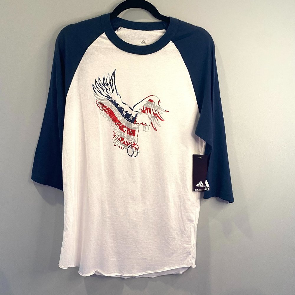 Adidas Triple Stripe 3/4 Sleeve Practice Tee Shirt Mens Small White Navy Eagle S